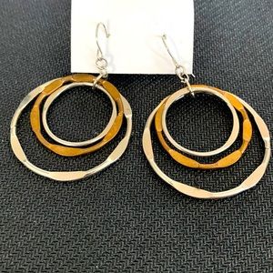 Two tone three Hammered Metal Hoop Dangle Earrings 2"